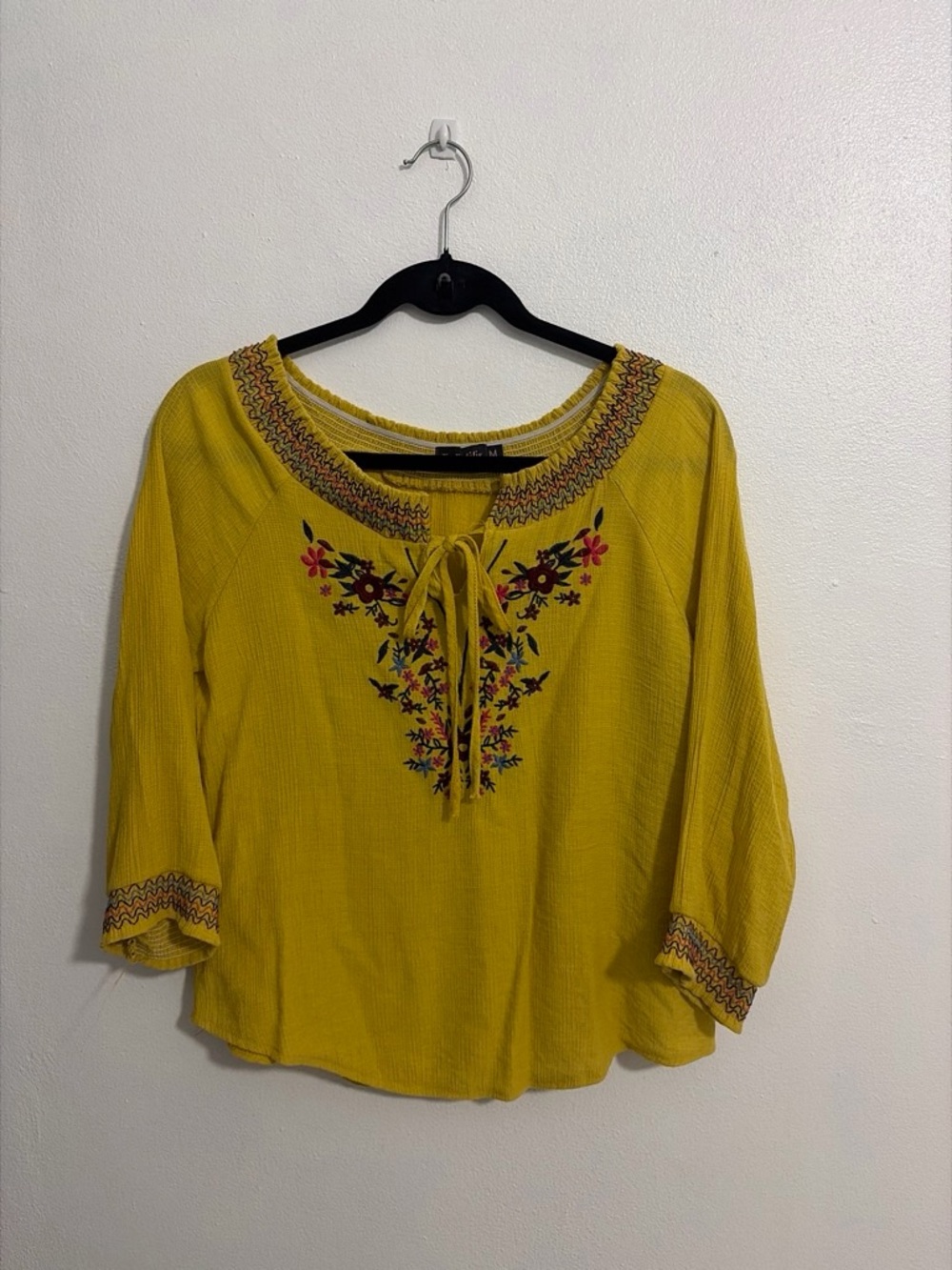 Yellow Embroidered Tie-Neck Peasant Tunic